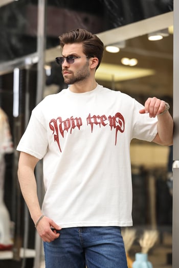 Ekru  Baskılı %100 Pamuk Erkek T-shirt E7141