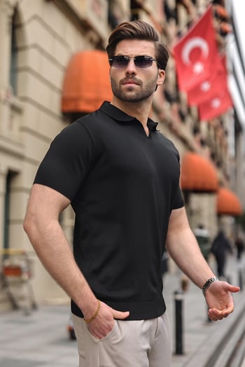 Siyah Polo Yaka Triko Kısa Kollu Erkek Tişört E7463