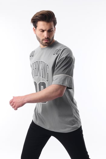 Boyalı Gri Baskılı Pamuklu Oversize Erkek T-shirt 7035