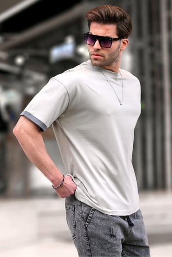 Boyalı Gri Oversize Bisiklet Yaka Tişört 6184