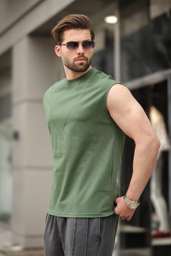 Haki Kolsuz %100 Pamuklu Basic Erkek T-shirt E7137