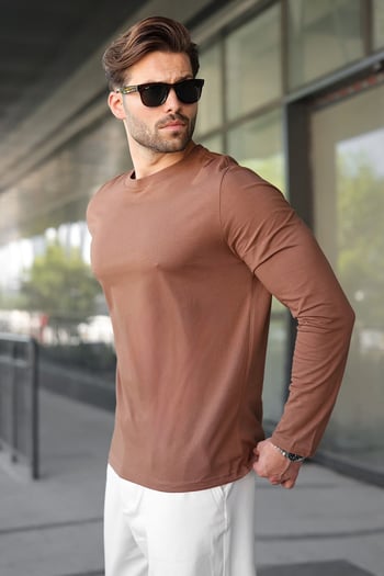 Kahverengi %100 Pamuklu Slim Fit Erkek Tişört E7187