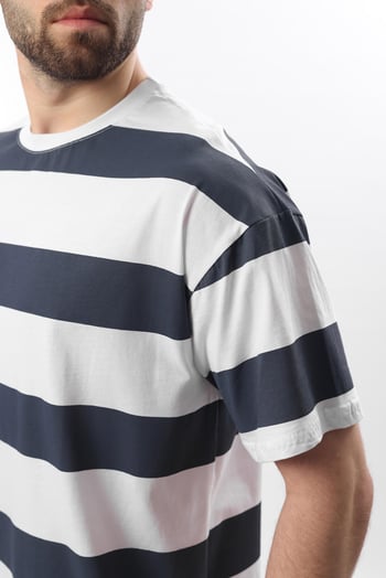 İndigo Oversize Renk Bloklu Bisiklet Yaka Kısa Kollu Tişört 7030