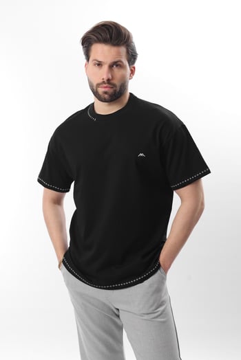 Siyah Nakış Detaylı Erkek T-shirt E7112