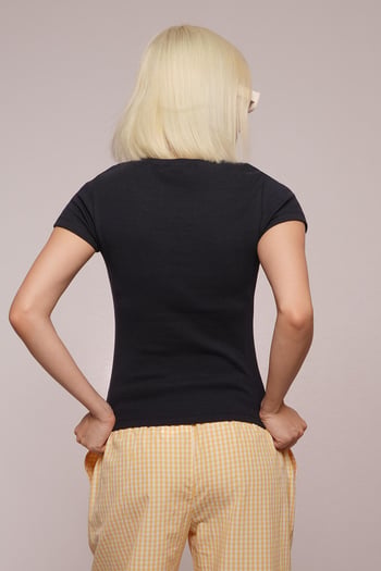 Lacivert Geniş Yaka Fittili Basic Kadın T-shirt Mg2293