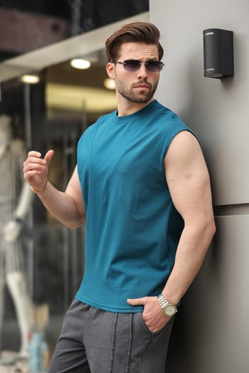 Petrol Mavisi Kolsuz %100 Pamuklu Basic Erkek T-shirt E7137