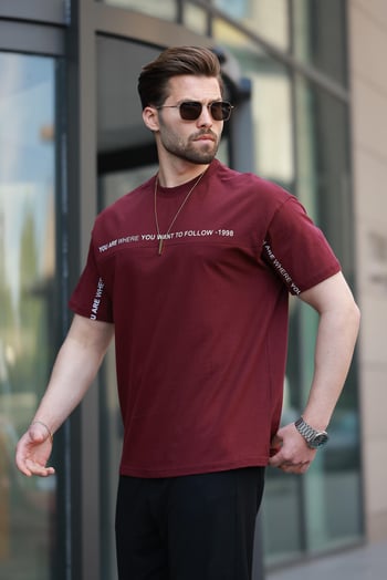 Bordo Bisiklet Yaka Baskılı Basic Tişört E7156