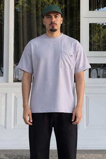 Boyalı Gri Erkek Cep Detaylı Oversize Tişört 6194