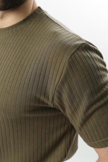 Haki Dokulu Çizgi Tasarım Bisiklet Yaka Erkek T-shirt E7122