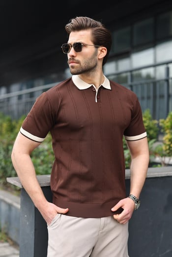 Kahverengi Polo Yaka Triko Erkek Tişört E7470