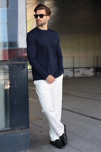 Lacivert %100 Pamuklu Slim Fit Erkek Tişört E7187