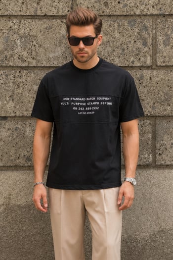 Siyah Oversize Bisiklet Yaka Baskılı Erkek Tişört 7018