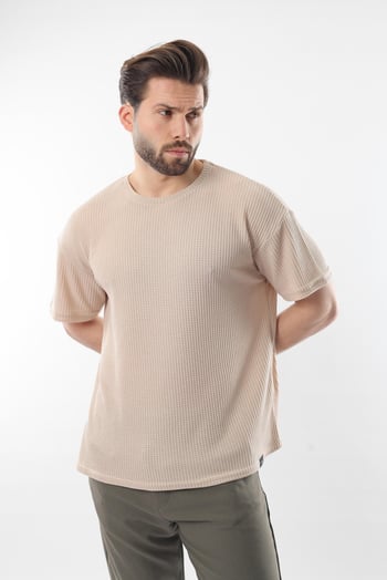Bej Bisiklet Yaka Erkek T-shirt E7127