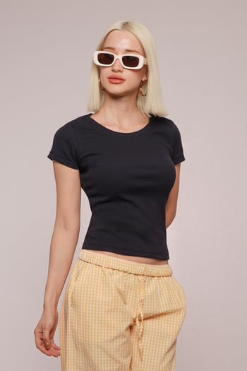 Lacivert Geniş Yaka Fittili Basic Kadın T-shirt Mg2293