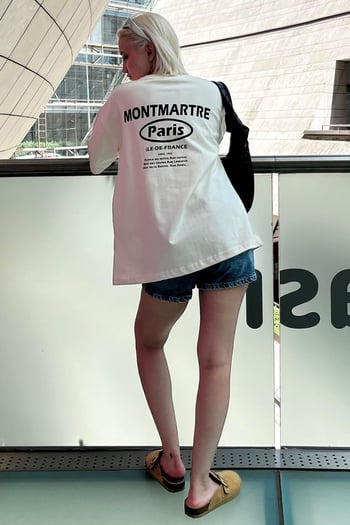 Ekru Oversize Sırt Baskılı Bisiklet Yaka Kısa Kollu Tişört MG2127