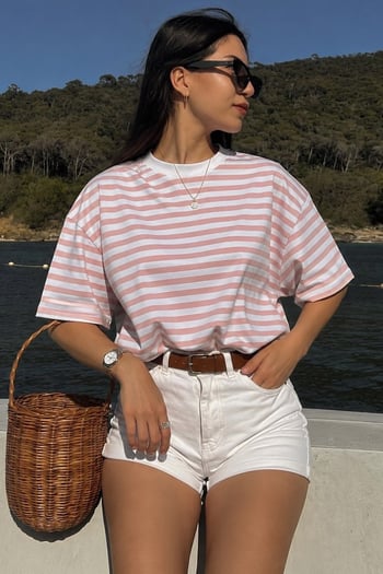 Pembe Çizgili Bisiklet Yaka Tişört MG1656