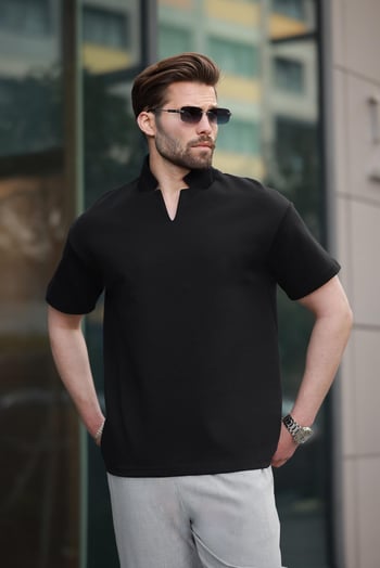 Siyah Polo Yaka Erkek Basic T-shirt E7145