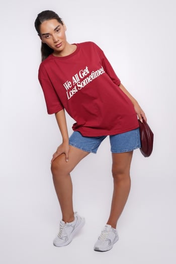 Bordo Baskılı Oversize Tişört MG1532