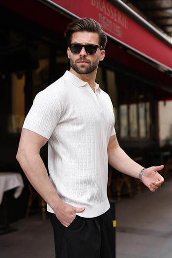 Beyaz Polo Yaka Slim Fit Triko Erkek Tişört E7465