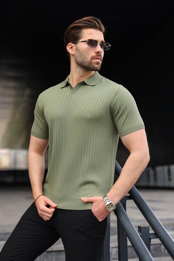 Haki Polo Yaka Triko Erkek Tişört E7461