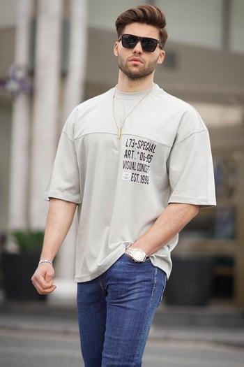 Boyalı Gri Oversize Baskılı Erkek Tişört 6193