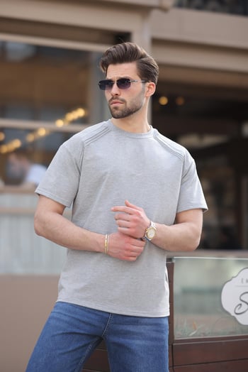 Gri Bisiklet Yaka Basic Erkek T-shirt E7138