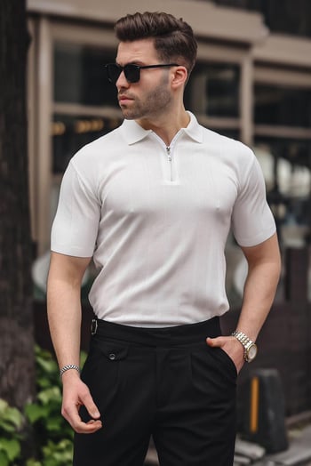 Madmext Erkek Beyaz Polo Yaka Fermuarlı Tişört 6355