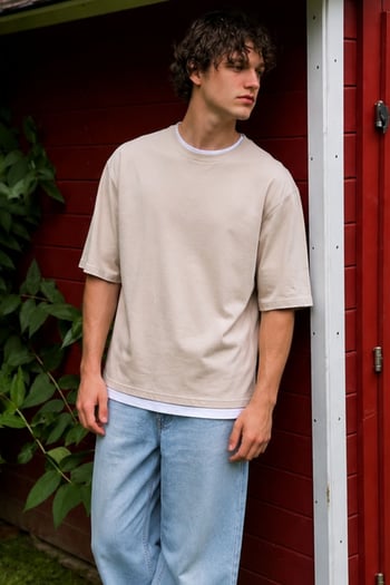 Madmext Oversize Bej Erkek Tişört 4978
