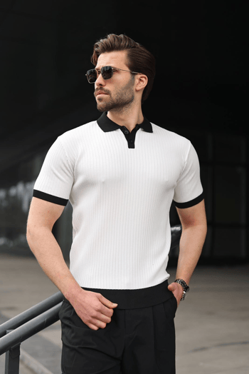 Beyaz Polo Yaka Triko Erkek Tişört E7471