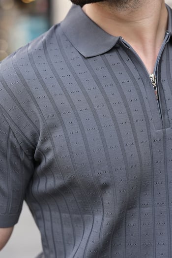 Antrasit Polo Yaka Slim Fit Triko Erkek Tişört E7465