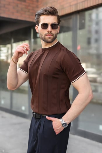 Kahverengi Bisiklet Yaka Regular Fit Triko Erkek Tişört E7487