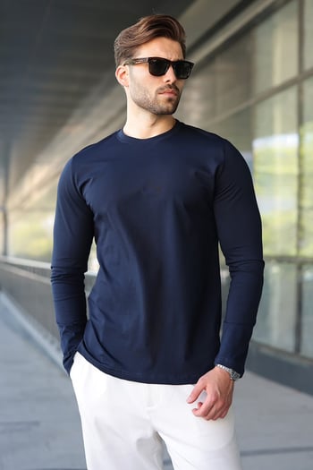 Lacivert %100 Pamuklu Slim Fit Erkek Tişört E7187