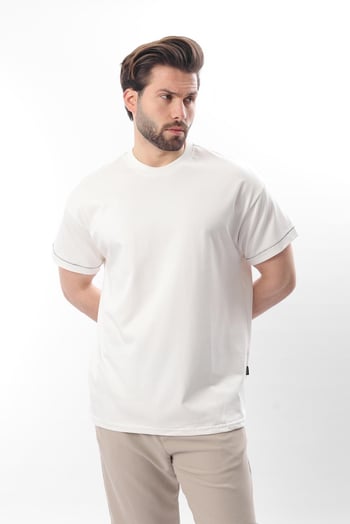 Ekru Bisiklet Yaka Çoban Dikişli Overfit Erkek T-shirt E7103
