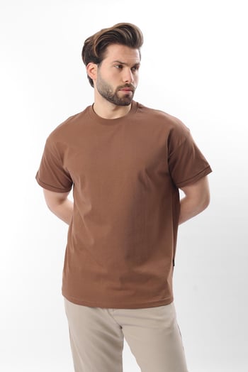 Kahverengi Bisiklet Yaka Çoban Dikişli Overfit Erkek T-shirt E7103