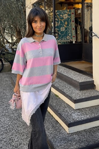 Gri Çizgili  Polo Yaka Basic Kadın Tişört MG2833