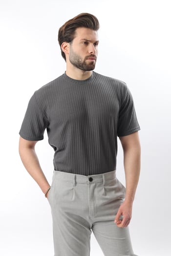 Füme Dokulu Çizgi Tasarım Bisiklet Yaka Erkek T-shirt E7122