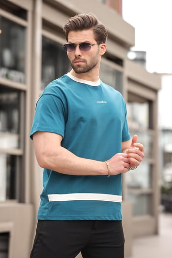Petrol Mavisi Baskılı %100 Pamuklu  Erkek T-shirt E7135