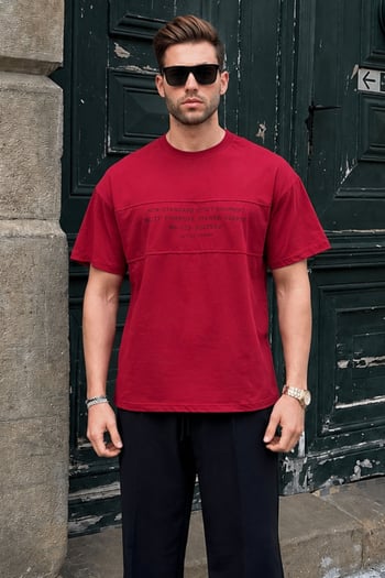 Bordo Oversize Bisiklet Yaka Baskılı Erkek Tişört 7018