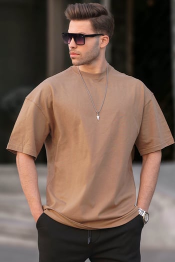 Erkek Vizon Oversize Fit Basic Tişört 6066