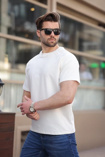 Ekru Bisiklet Yaka Basic Erkek T-shirt E7138
