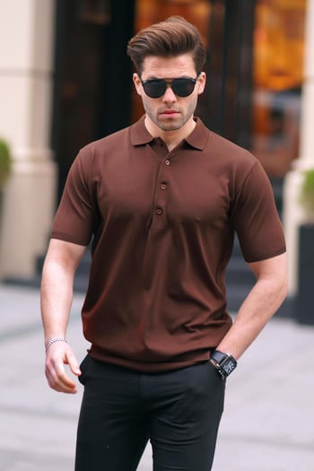 Kahverengi Erkek Polo Yaka Düz Tişört 6878