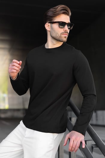Siyah %100 Pamuklu Slim Fit Erkek Tişört E7187