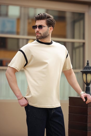 Madmext Bej Bisiklet Yaka Regular Fit Erkek T-shirt E7126