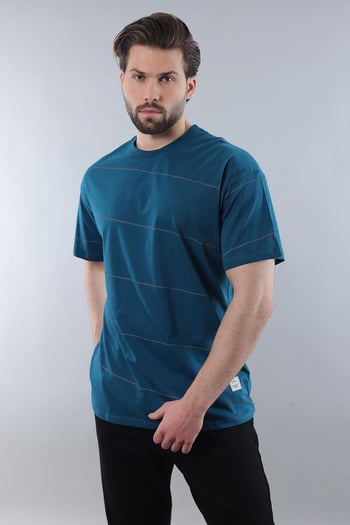 Petrol Mavisi Bisiklet Yaka Basic Çizgili Erkek T-shirt E7102