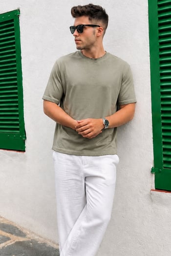 Haki %100 Pamuklu Bisiklet Yaka Oversize Erkek Tişört E7177