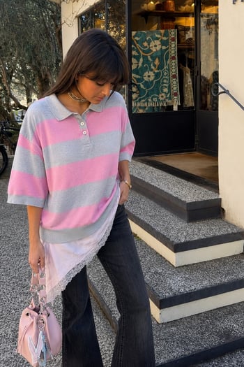 Gri Çizgili  Polo Yaka Basic Kadın Tişört MG2833