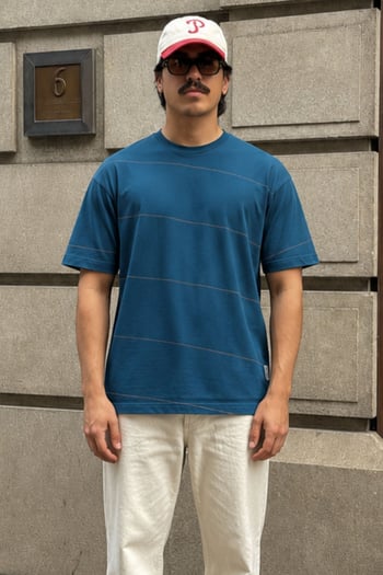 Petrol Mavisi Bisiklet Yaka Basic Çizgili Erkek T-shirt E7102