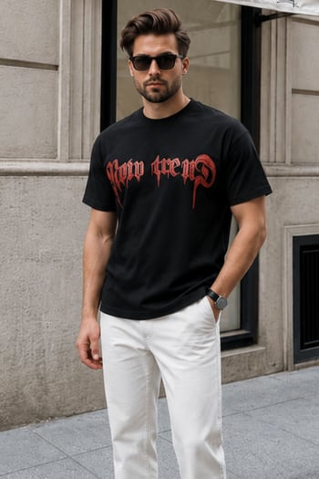 Siyah Baskılı %100 Pamuk Erkek T-shirt E7141