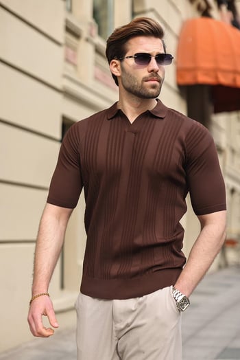 Kahverengi Polo Yaka Triko Erkek Tişört E7469