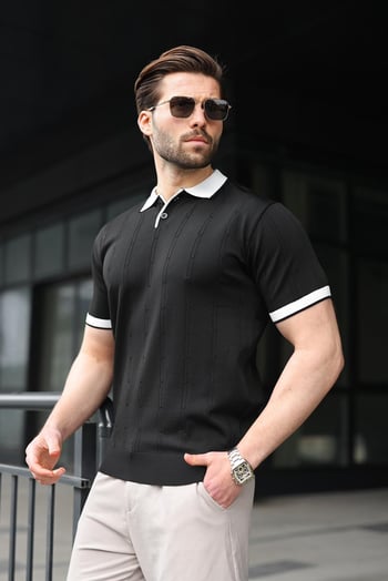 Siyah Polo Yaka Triko Erkek Tişört E7470